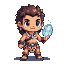 Chibi cave boy hunter with white skin, brown hair, leopard print loincloth, and a crocodile tooth necklace, holding a glowing light blue crystal.