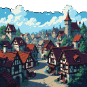 A medieval town with stone and wood houses, varied rooftops, chimneys, and wooden beams, surrounded by greenery. Cobblestone paths lead to a church spire under a bright blue sky with white clouds.