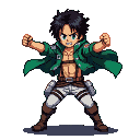 Young man with spiky black hair and green eyes, bare-chested in a dark green jacket and Survey Corps uniform, stands with fists clenched and arms outstretched in a triumphant pose.