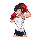 Young woman in a boxing stance, wearing a white tank top and black shorts, with red boxing gloves raised.