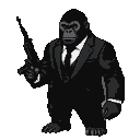 Gorilla in a black suit and tie holding an Uzi.