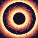 A black hole vortex with an orange, yellow, and purple glowing accretion disk, set against a dark background with scattered star-like speckles.