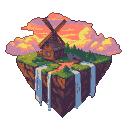 Floating island with a wooden house, windmill, and waterfalls against a sunset sky.