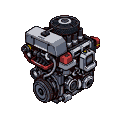 Isometric view of a gray and black internal combustion engine with red accents, showing carburetor, spark plug wires, and pulleys.
