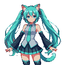 Full-body pixel art of a cute neko girl with turquoise cat ears, twin-tails, and teal eyes. She wears a futuristic idol outfit with a grey top, teal accents, a pleated skirt, and detailed arm sleeves. A subtle teal-gradient cat tail completes her look.