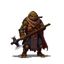 Anthropomorphic turtle warrior in a desert-themed Tuareg outfit, holding a warhammer.