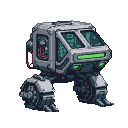 Compact cubic robot vehicle with segmented legs and side treads, featuring teal and lime green lights, a horizontal green light bar on the front, and angular windows.