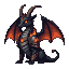 A hybrid creature with a goat's head, dragon's body, and bat wings. It has black reptilian skin, wavy horns, and its armor and eyes glow fiery orange and red. Its wings are spread slightly.