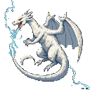 A white dragon with shimmering scales unleashes crackling blue lightning from its open maw, wings spread wide against a dark background.