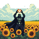 Darth Vader stands in a field of sunflowers, holding his hands above his head to form a glowing red heart.