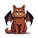 Plump ginger tabby cat with dark bat wings and green eyes, tail curled.