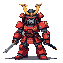 Robotic samurai in red, grey, and gold armor, with golden horns on its helmet, holding a katana.