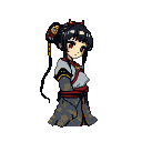 Young woman with red eyes and dark, styled hair with gold accents, wearing worn grey and white traditional attire cinched with a red sash.