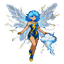 Young female fairy with short blue hair and translucent light-blue wings accented with yellow lightning. She wears a dark blue sleeveless dress with a yellow lightning emblem. The fairy holds a fluffy white cloud emitting blue energy and lightning.