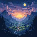 A winding river flows through a shadowed mountain valley under a twilight sky with a vibrant orange and purple sunset. A pale moon is visible above.