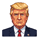 Donald Trump in a pixel art portrait, wearing a dark suit, white shirt, and red tie, with blonde hair and a serious expression.