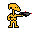 Stylized golden yellow skeletal figure with a futuristic firearm, a red spark visible at the barrel, against a black background.