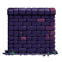 A substantial, imposing wall constructed from dark purple and deep red pixelated bricks, with scattered vibrant green grass at its base.