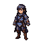 Stoic JRPG character in dark blue segmented armor, with tousled dark hair and an unexpressive face, standing ready.