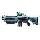 Futuristic light blue assault rifle with scope, presented against a black background.