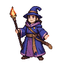 Young mage in a blue hooded robe and pointed hat holds a glowing torch aloft.