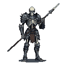 Skeleton knight in dark segmented armor holding a spear, with a tattered brown loincloth.