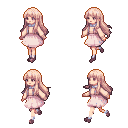 Pixel art character with long flowing hair, wearing a pinafore dress over a knitted top, in pastel colors.