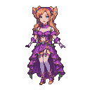 Elven character in a ruffled purple gown with emerald green leaf and gem embellishments, long auburn hair with ornate accessories, pointed ears, and serene blue eyes.