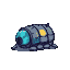 Muted grey and dark blue metallic hibernation pod with a glowing cyan aperture on the left and a yellow rectangular panel on the right, isolated against a dark background.
