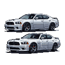 Two pixelated silver 2007 Dodge Charger SRT8s on a black background.