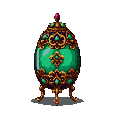 Emerald green Fabergé-style egg with gold filigree and purple and ruby jewels, resting on an ornate four-legged stand.