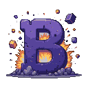 A large, textured dark purple letter "B" with flames erupting from behind and within it, surrounded by exploding debris and floating purple and grey cubes against a dark, pixelated background.
