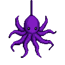 A purple octopus with eight spread tentacles hangs in a black void.