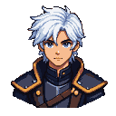 Young man with spiky white hair, blue eyes, and dark armored attire with golden trim.