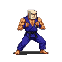 A pixelated fighter in a blue gi and black belt, in a low martial arts stance with clenched fists. His head is a pale cube with angry eyebrows and a stern expression.