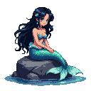 Mermaid with dark hair and blue eyes, sitting pensively on a rocky outcrop with a shimmering teal tail in the water.