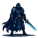 Dark knight with glowing blue eyes, wearing curved armor with spectral highlights and a flowing cape. A double-bladed sword crackles with blue luminescence at his side.