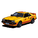 A yellow 1976 Puma GTE classic Brazilian sports car with red racing stripes.