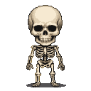 A full-body skeleton with a disproportionately large skull, rendered in muted bone tones against a black background.