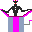 A shadowy jack-in-the-box figure with a white and red face, electric pink arms, and a toothy grin emerges from a pink and grey container against a black background.