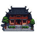 Traditional Chinese building with red walls and dark tiled roof, viewed from above over a courtyard with green bushes and stylized trees.