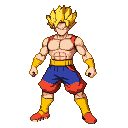 Spiky-haired warrior in red top and blue shorts, golden wristbands and leg warmers, yellow belt, pixel art style.