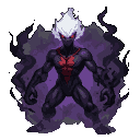 A shadowy figure with glowing red eyes and a white, mist-like head, dark muscular body, and a torn collar marking, surrounded by dark smoke and purple fog.