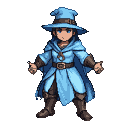 Young mage in a light blue robe and pointed hat, arms outstretched.