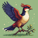 Stylized bird with blue wings, red and brown body, and a red crest perched on a branch against a muted green background with yellow specks.