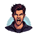 Young man with tousled brown hair and bright white eyes shouting, mouth wide open. He wears a dark collared shirt, with a faint light blue halo behind his head.