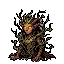 A hunched forest creature made of gnarled branches and green foliage with glowing orange eyes.