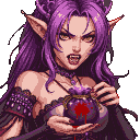 Furious pixie with sharp fangs, piercing yellow eyes, and long purple hair, clutching a pouch dripping dark blood.