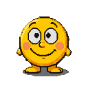 A round yellow character with wide eyes, rosy cheeks, and a pixelated smile, standing on a gray shadow.