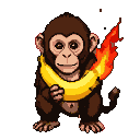 A brown monkey holding a yellow banana engulfed in flames.